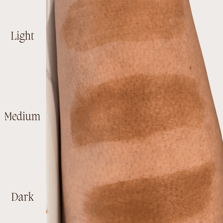 Swatches of Surf & Body Summer Glow Hyaluronic Tanning Drops in three shades: Light, Medium, and Dark, shown on forearm skin to demonstrate color variations.