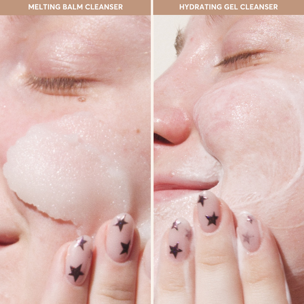 Side-by-side comparison of the GunkOff Melting Balm Cleanser and Hydrating Gel Cleanser in action, showcasing their gentle and effective cleansing routine on sensitive skin.