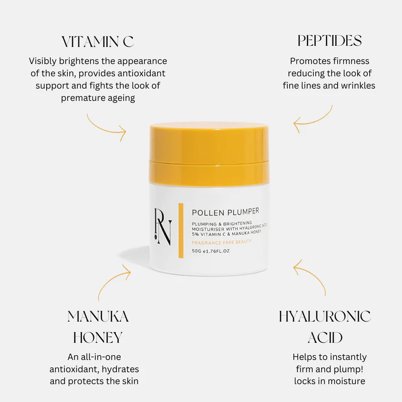 the best facial moisturiser by Pollen Nation Skin with key benefits. 'Vitamin C' is for visibly brightening the skin and providing antioxidant support. 'Peptides' for promoting firmness and reducing fine lines and wrinkles. 'Manuka Honey' is as an all-in-one antioxidant that hydrates and protects the skin. 'Hyaluronic Acid' is credited with instantly firming and plumping the skin by locking in moisture. The jar contains 50g or 1.76 fl oz of the product.