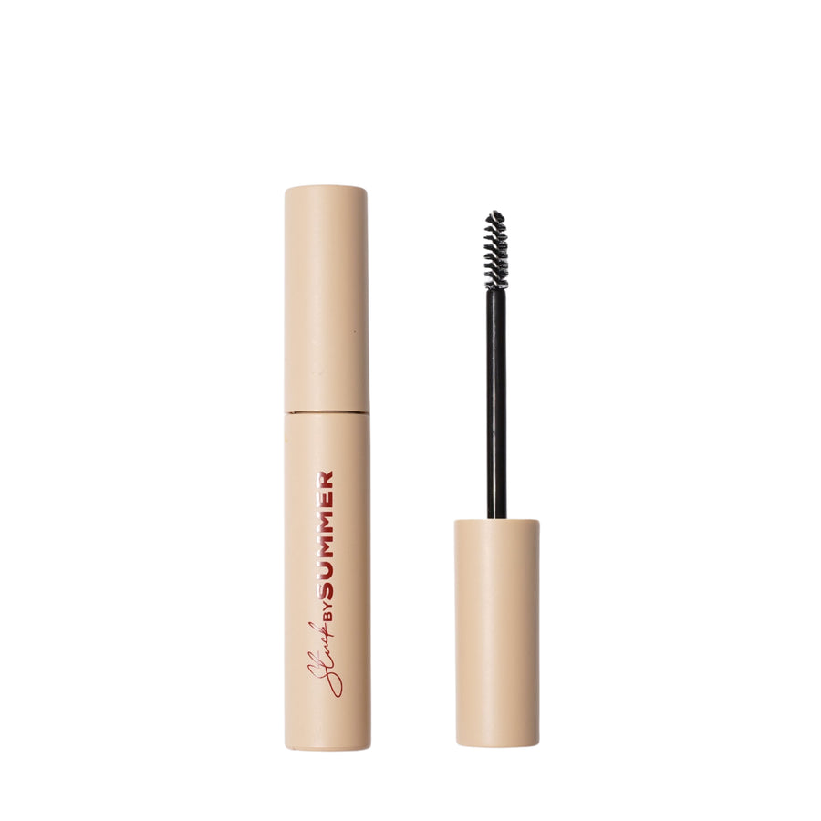 waterproof eyebrow gel with spoolie applicator, designed to keep brows in place with long-lasting hold, shown on a white background.